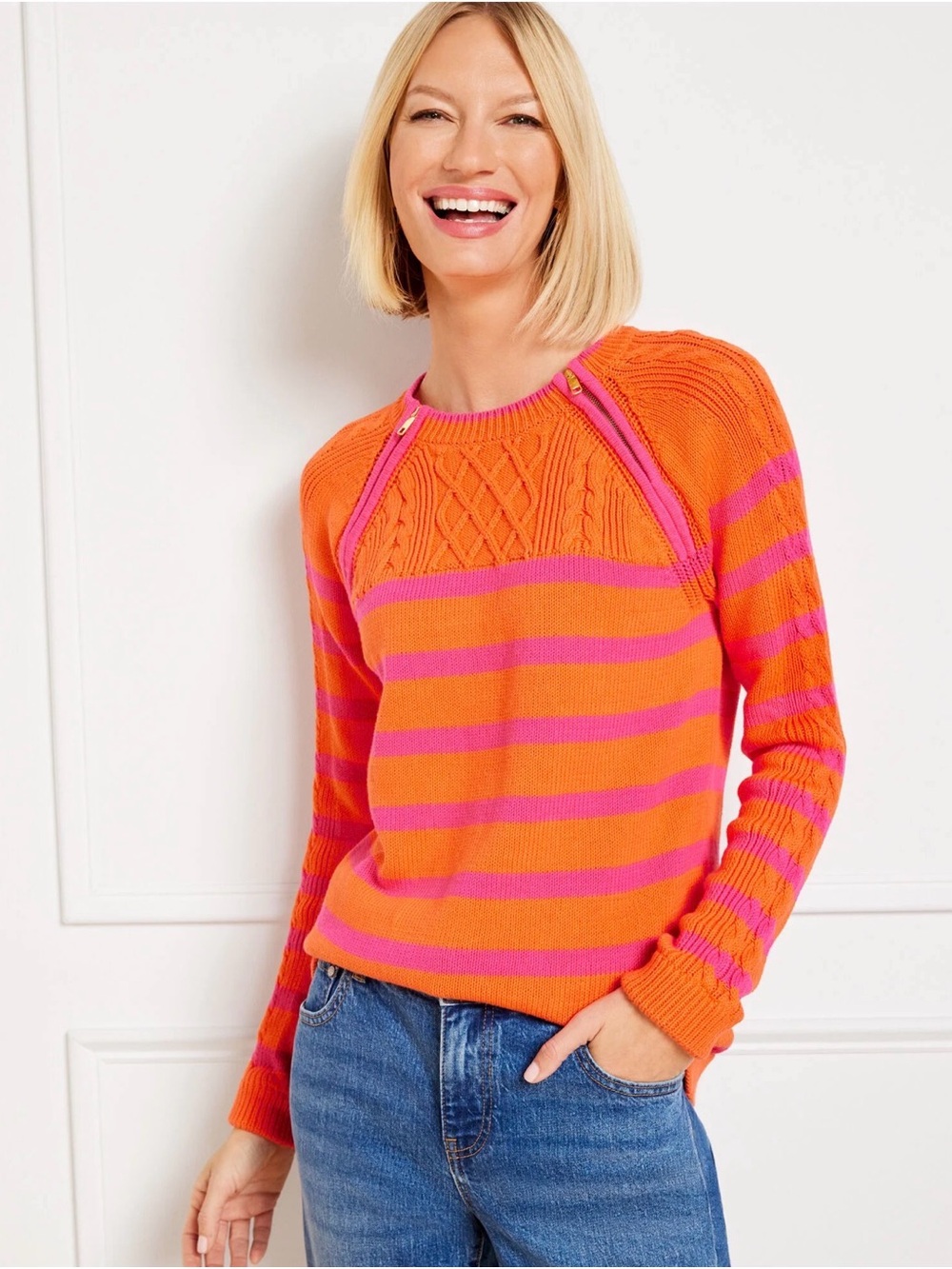 Talbots Cable Knit Fisherman Stripe Sweater Zip Detail Orange-Pink Size Small